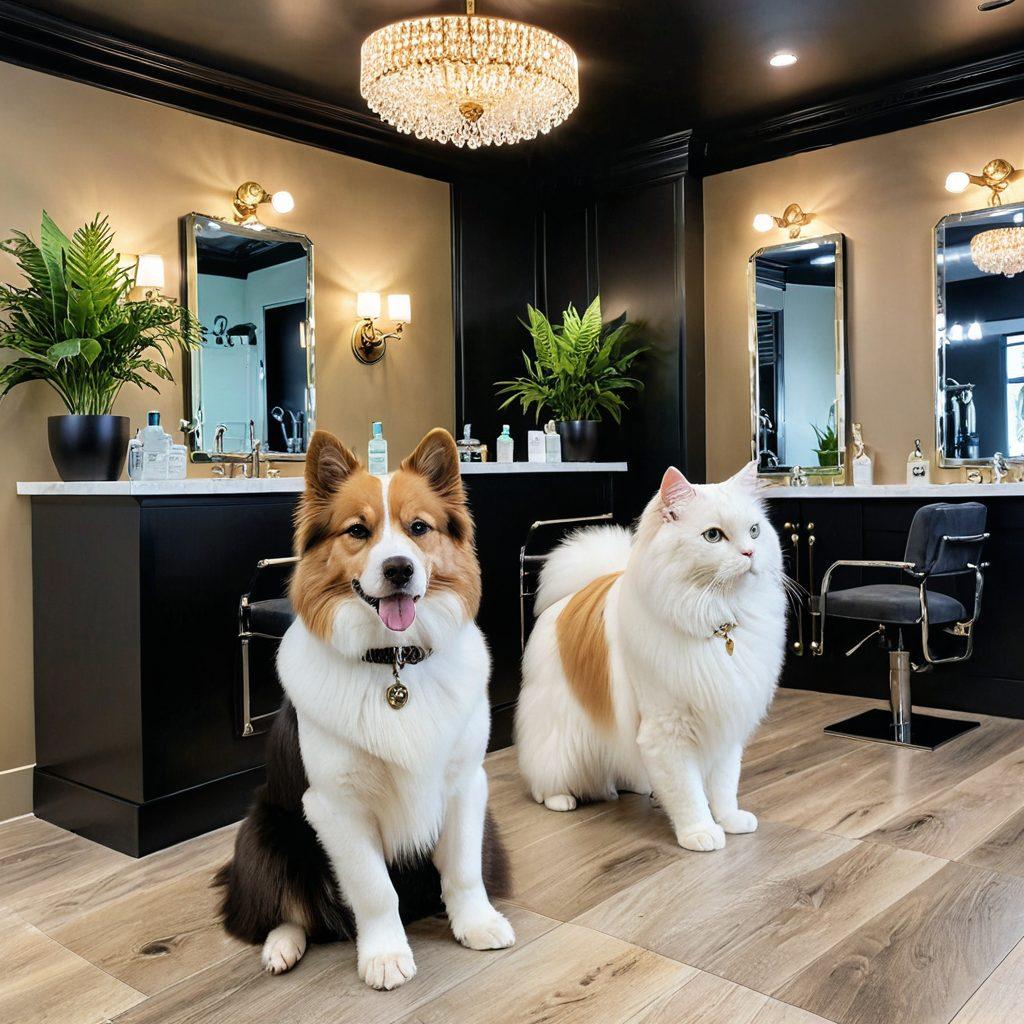 An elegant pet grooming salon with a luxurious atmosphere, featuring a professional groomer tenderly pampering a well-groomed dog and a content cat, surrounded by premium grooming tools and lush décor. Elegant lighting casts a warm glow, highlighting the impeccable fur texture and stylish accessories. super-realistic. vibrant colors. sophisticated style.