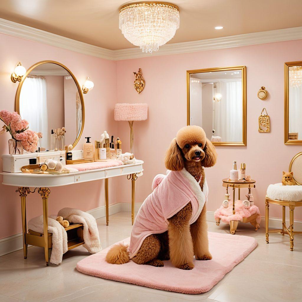 A lavish spa setup for pets featuring a chic grooming table with fluffy towels, golden grooming tools, and a luxurious backdrop of a stylish salon. Elegant pets like a well-groomed Poodle, a Persian cat, and a pampered bunny bask in the luxury while relaxing in mini spa robes. Warm, inviting lighting highlighting the opulence. super-realistic. vibrant colors. white background.